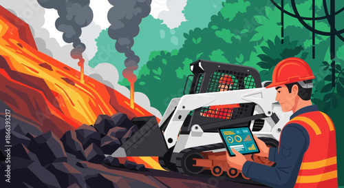 Worker Operating Skid Steer Loader Near Lava Flow for Disaster Response.