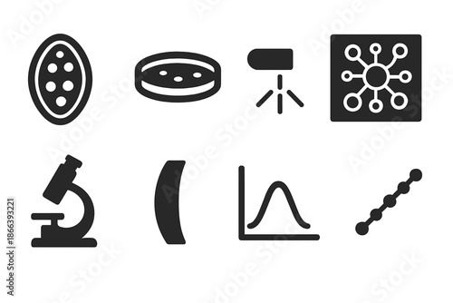 Bio-Silica Microscopy Icons. Solid style icons of bio-silica microscopy: silica cell, petri dish, focus beam, nano pattern,