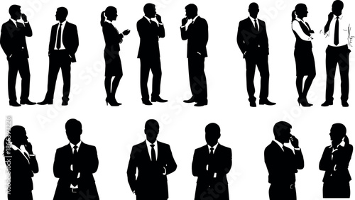 Professional business people silhouettes set including corporate executives, managers, and office teams in formal suits for leadership and workplace concepts.