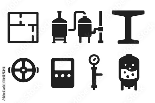 Brewery Layout Icons. Solid style icons of structural layout brewing: floor plan, tank system, support beam, piping route, valve