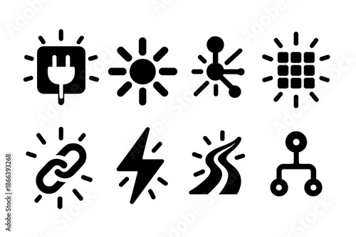 Illuminated Connector Icons. Solid style icons of illuminated connector design: plug socket, radiant beam, pulse node, grid