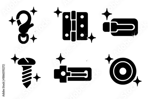 Shining Closure Icons. Solid style icons of shining closure device: clasp icon, reflective hinge, latch line, glowing screw,