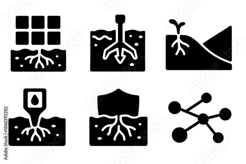 Root Stabilization Icons. Solid style icons of root stabilization systems: underground grid, soil layer, root anchor, slope line,