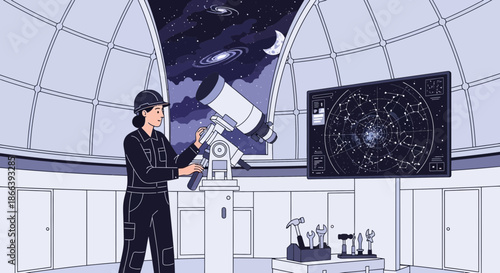Astronomer Adjusting Telescope in Observatory Dome.