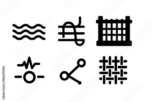 Water-Weave Icons. Solid style icons of water-threaded grids: ripple weave, thread path, loom icon, circular flow, pulse node,