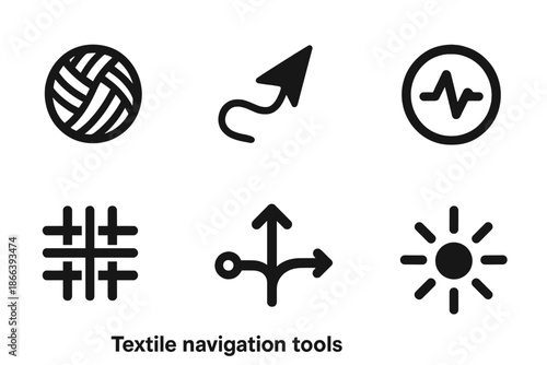 Textile Navigation Icons. Solid style icons of textile navigation tools: yarn outline, route arrow, pulse circle, woven line,