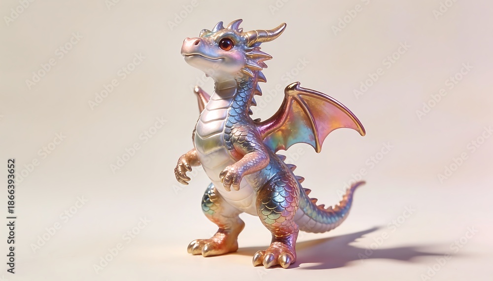 Fototapeta premium A cute dragon figurine with colorful scales and wings standing on a plain background with soft lighting and a pastel color palette.