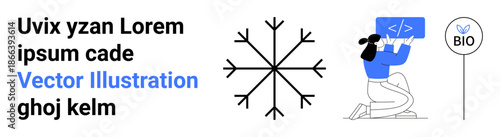Sustainability, coding, eco-friendliness, development, nature, winter. Snowflake design, individual coding with a display and a bio-sign. Sustainability and coding connection concept