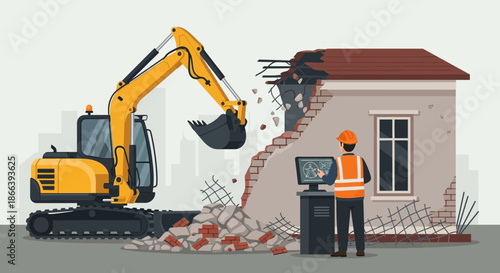 Demolition Excavator Dismantling Building with Supervisor Monitoring Progress.