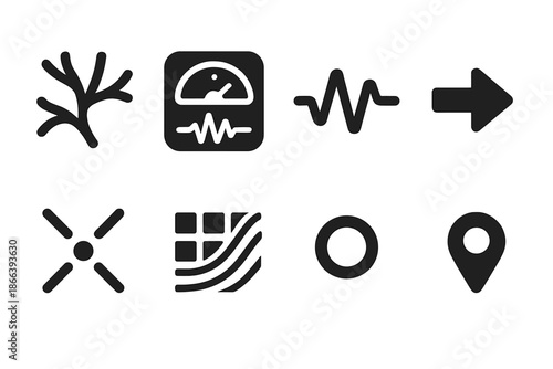 Mycelium Seismic Icons. Solid style icons of mycelium seismic tools: mycelium network, tremor gauge, pulse line, directional arrow