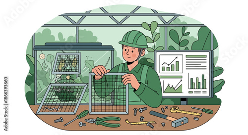 Engineer Inspecting Solar Panel Efficiency in Greenhouse.