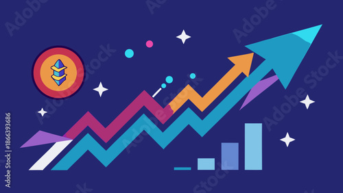 An upward-pointing arrow following a zigzag chart line, representing crypto price growth.