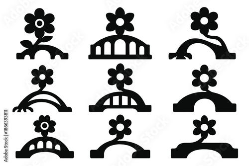 Floral Bridge Icons. Solid style icons of a flower unfolding to form a bridge: petal arch span, blooming bridge structure, floral