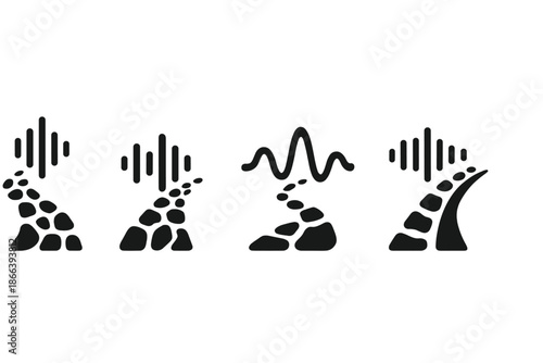Rhythmic Gravel Pathway. Solid style icons of a gravel path with a beat: moving pebble path, rhythm flow track, pulse vibration
