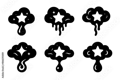 Cosmic Nectar Flow. Solid style icons of a star cloud producing sweet liquid: glowing nebula drop, celestial honey mist, radiant