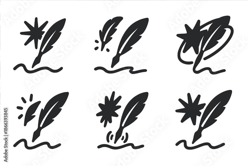 Celestial Ink Quill. Solid style icons of a distant star writing with a shaking pen: radiant star quill, trembling ink trail,