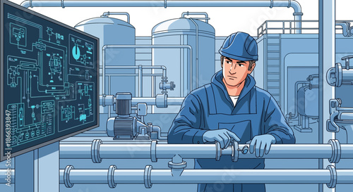 Industrial Worker Monitoring Plant Operations on a Digital Display.