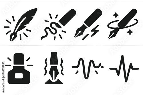 Stellar Writing Tools. Solid style icons of stellar vibration tools: radiant pulse quill, lightwave writing rod, energy-tremor