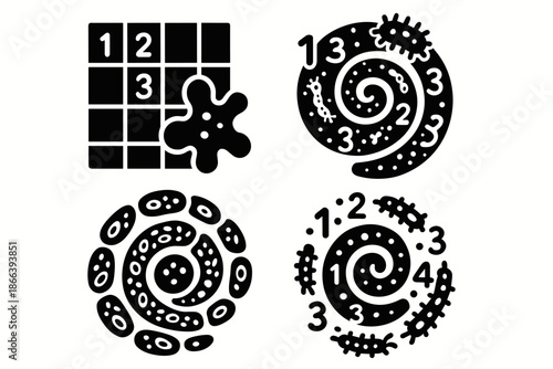 Microbial Number Patterns. Solid style icons of a microbial number pattern painting: microscopic ratio grid, bio-math swirl,
