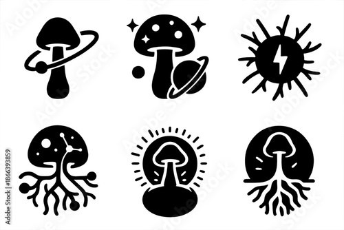 Cosmic Fungal Icons. Solid style icons of a planetary field fungus: orbit-linked spore pillar, cosmic fungal structure, planetary