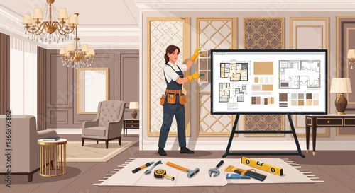 Interior Designer Inspecting Plans on Display with Tools.