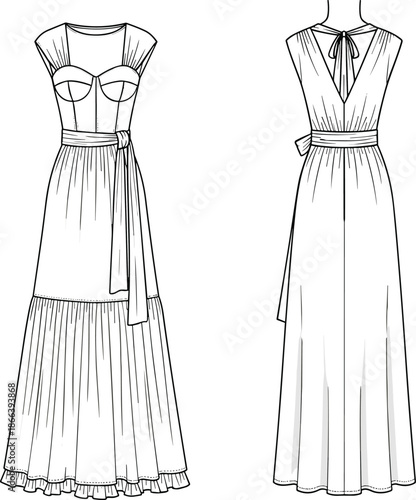 Women elegant maxi dress technical flat sketch, front and back view fashion illustration for sewing production template design