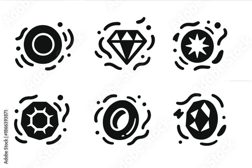 Oceanic Jewel Icons. Solid style icons of a rotating jewel with ocean drifters: spinning sapphire disk, aquatic diamond reel,