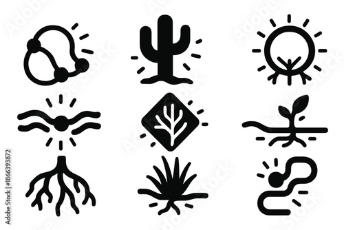 Bioluminescent Desert Network. Solid style icons of arid bioluminescent transport: desert glow network, radiant cactus system,