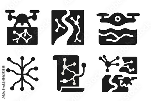 Neural Hydrological Icons. Solid style icons of neural-hydrological mapping systems: drone network display, river-neuron overlay