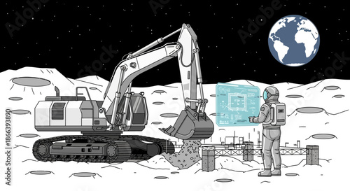 Lunar Excavation Astronaut and Excavator on the Moon.