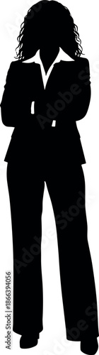 Professional Business Woman Silhouette Wearing a Formal Suit and Blouse Standing Confidently with Crossed Arms Isolated on White Background Illustration