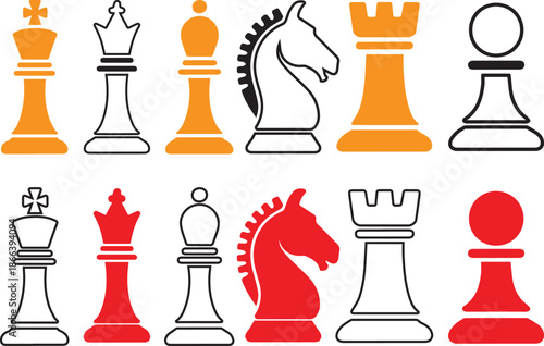 Chess Pieces Icons Set King Queen Knight Rook Pawn Vector.