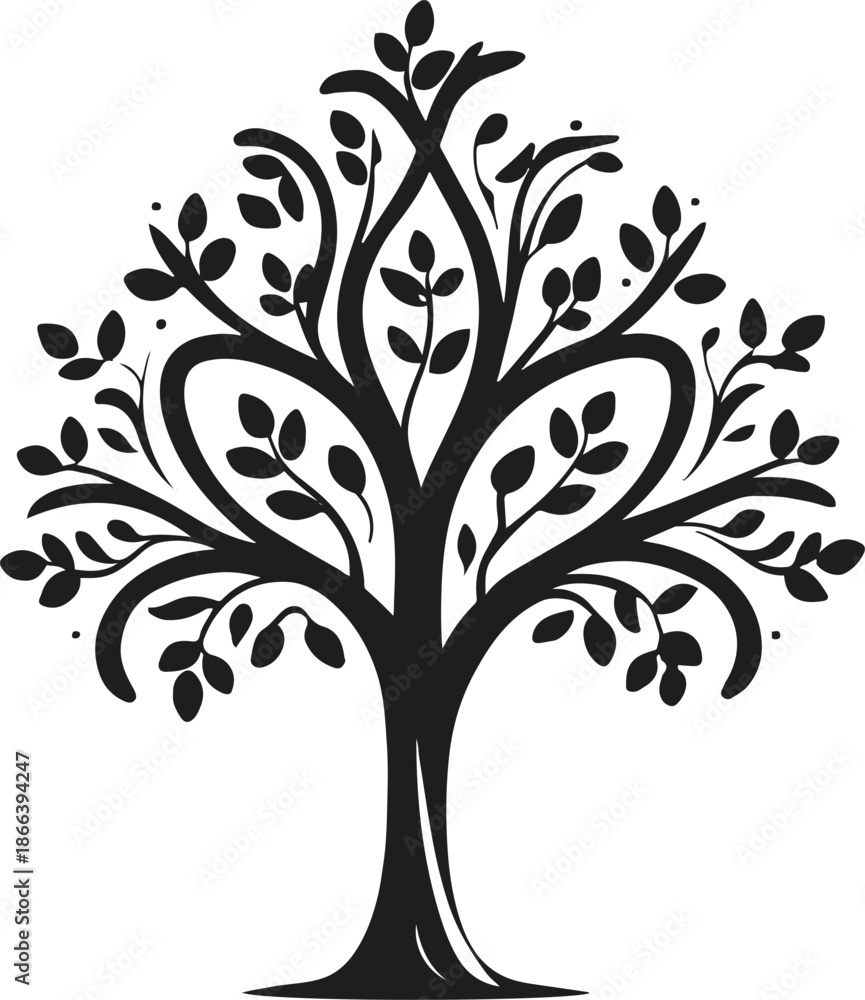 Obraz premium Original tree icon drawn in monochrome vector art, smooth curves, balanced proportions, solid fill, stock-ready illustration