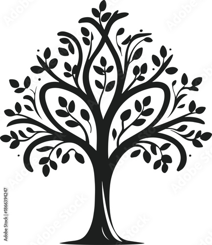  Original tree icon drawn in monochrome vector art, smooth curves, balanced proportions, solid fill, stock-ready illustration