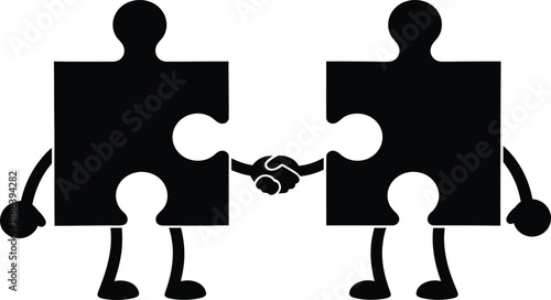 Two puzzle pieces holding hands in agreement silhouette