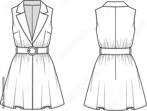 Women sleeveless belted blazer dress technical flat sketch, front back view fashion illustration for apparel sewing production template