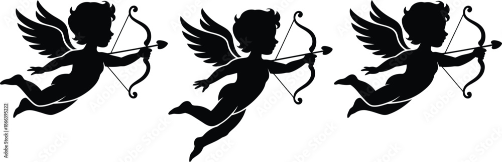 Fototapeta premium Three cherubic cupids in flight with bows