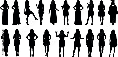 Set of female silhouettes in various poses wearing evening gowns dresses business suits and graduation cap for fashion and corporate design
