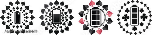 Playing card suits clubs spades hearts around battery bold black stylized icon illustration