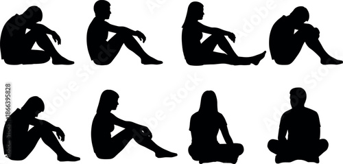 Set of silhouettes representing depressed people sitting alone feeling lonely sad stressed frustrated in grief and despair for mental health