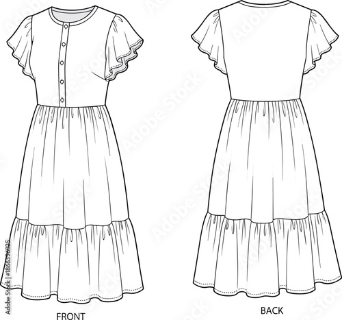 Women summer dress technical sketch showing front and back view, fashion flat illustration for apparel design template