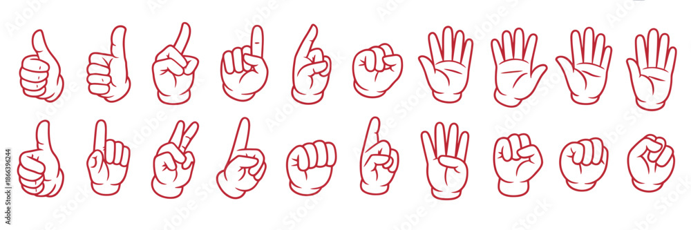Fototapeta premium Mega set of Cartoon comic hands gestures with different signs and symbols, doodle-style human arms showing various poses, perfect for comic illustrations, educational graphics, social media design