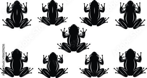 Frog silhouette pattern set in multiple poses, black flat vector illustration representing wildlife, amphibian species, nature symbols, and decorative animal design concept