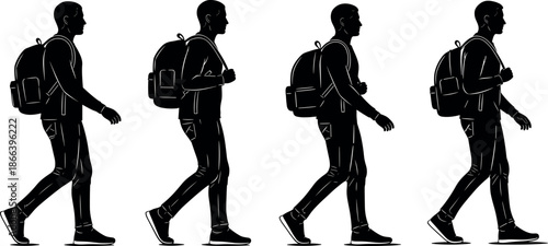 Side View Silhouette Set of a Young Man Walking with a Backpack on a White Background for Lifestyle and Travel
