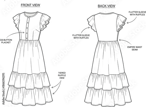 Women Tiered Dress Fashion Sketch Vector Technical Drawing With Flutter Sleeves Empire Waist Sewing Pattern Illustration