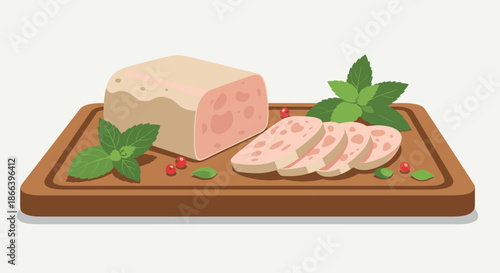 Savory p�t� or meatloaf sliced and served on a rustic wooden cutting board garnished with fresh mint leaves and red berries on white.
