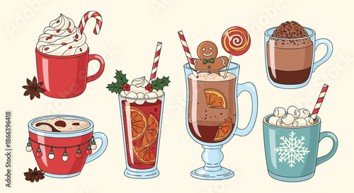 Assortment of cozy winter hot beverages including cocoa with marshmallows, spiced coffee, and festive cocktails with seasonal garnish.