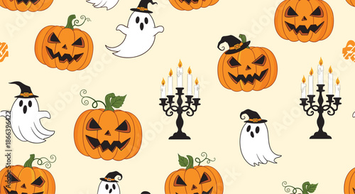 Spooky Halloween seamless pattern featuring ghosts, jack-o'-lanterns, and candelabras on a light orange background for festivities.