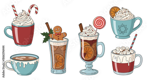 Cozy collection of various winter hot drinks including chocolate with marshmallows, mulled wine, and festive coffee with cream on white.