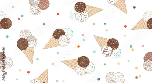 Whimsical seamless pattern featuring various ice cream cones with multiple scoops and colorful dots on a white background for summer.